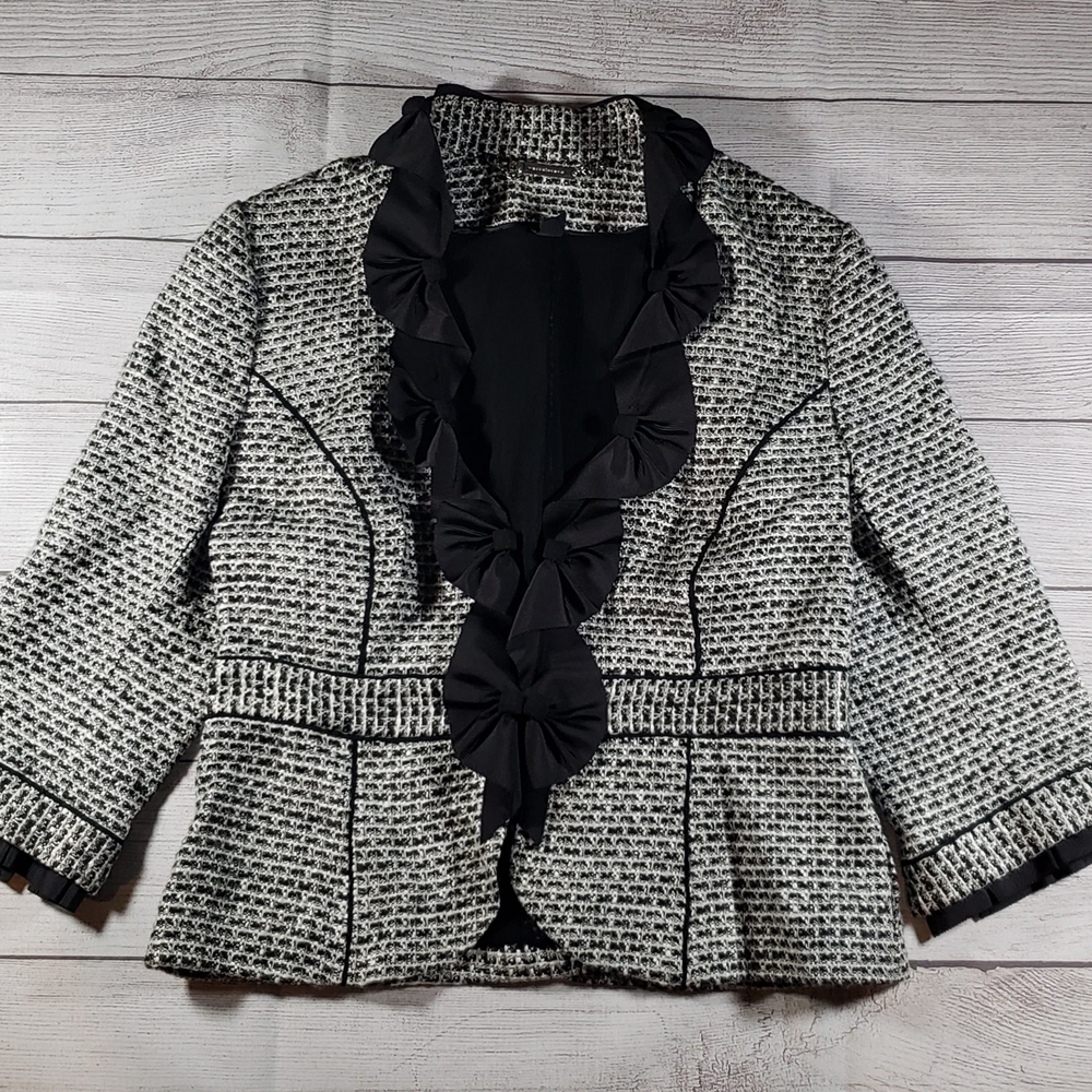 White House Black Market Black and White Tweed Blazer with Ruffled Detail